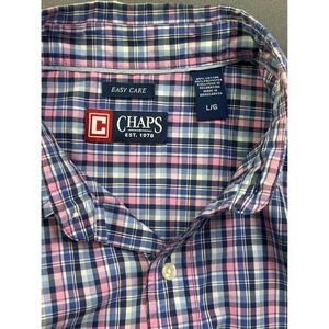 Chaps Men's Blue Pink Plaid Easy Care Long Sleeve Button Down Shirt size L Large